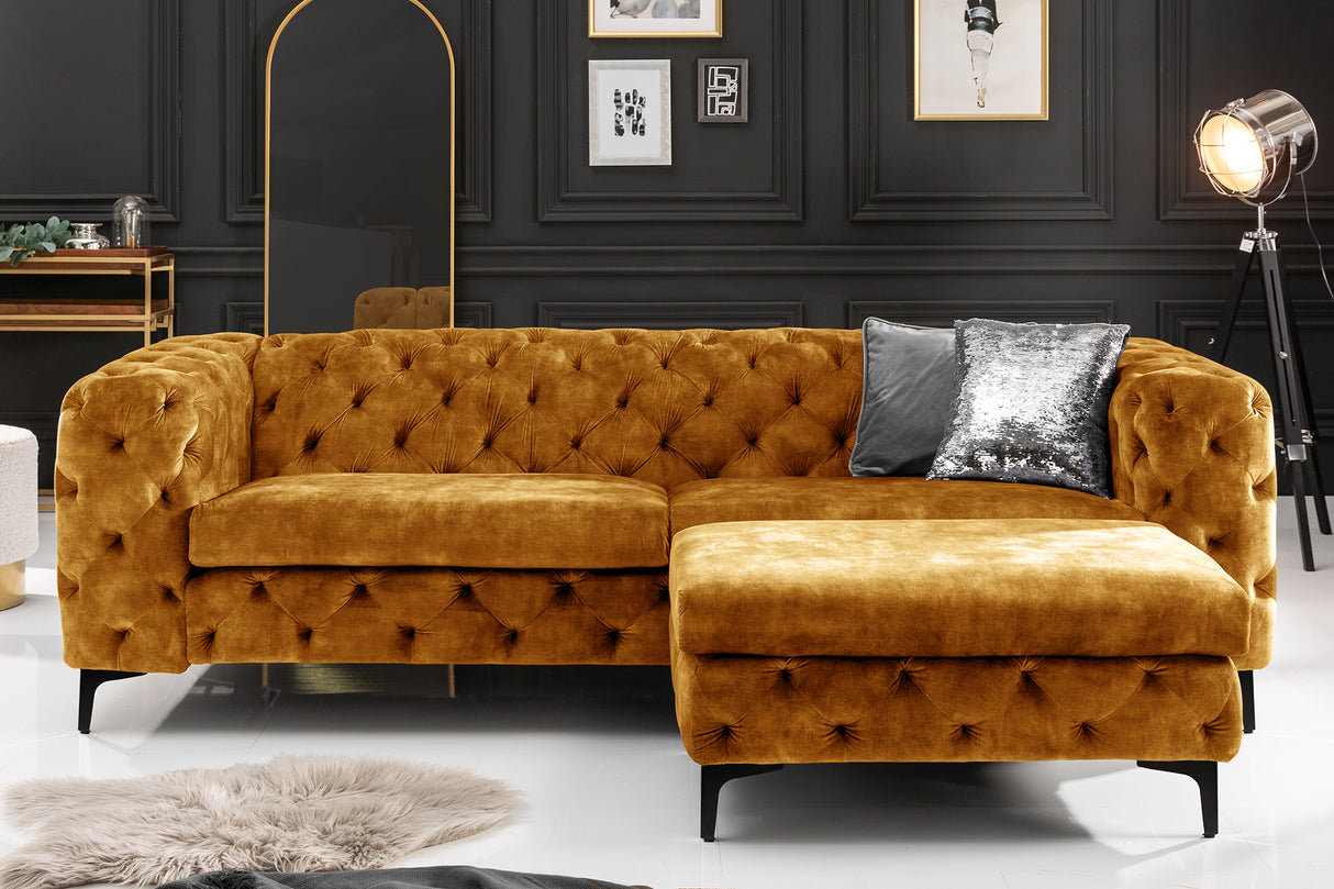 Sofa MODERN BAROCK 240cm 3-seater velvet mustard yellow in chesterfield style