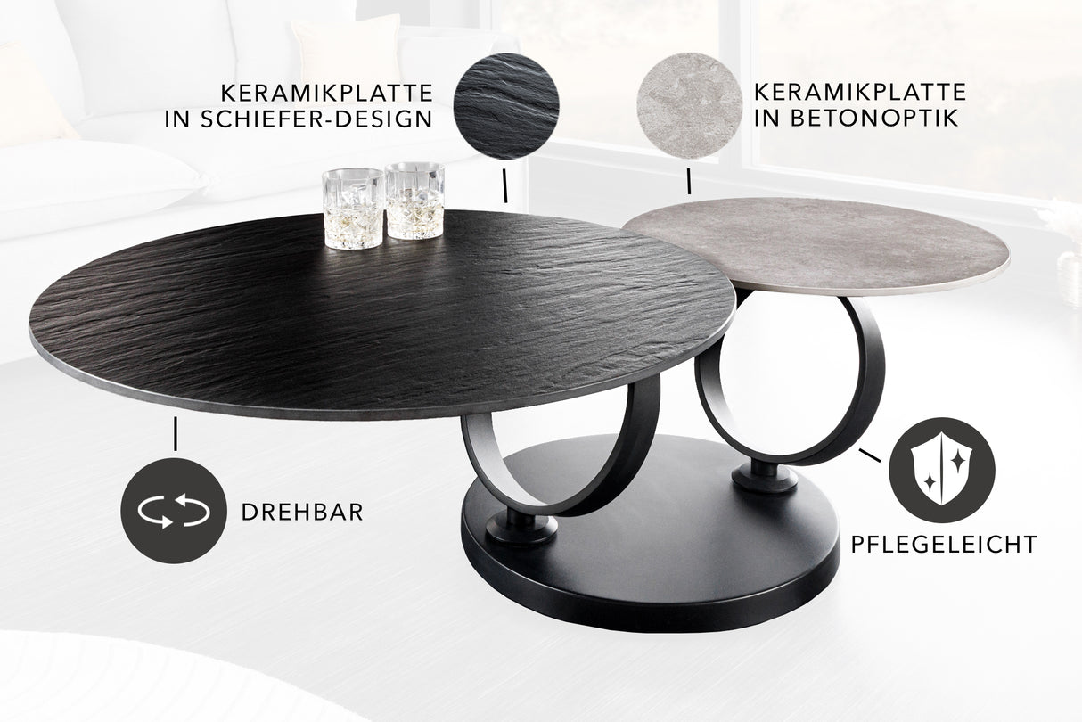 Couchtisch DANCING RINGS 80-135cm drehbar Keramik schwarz und grau