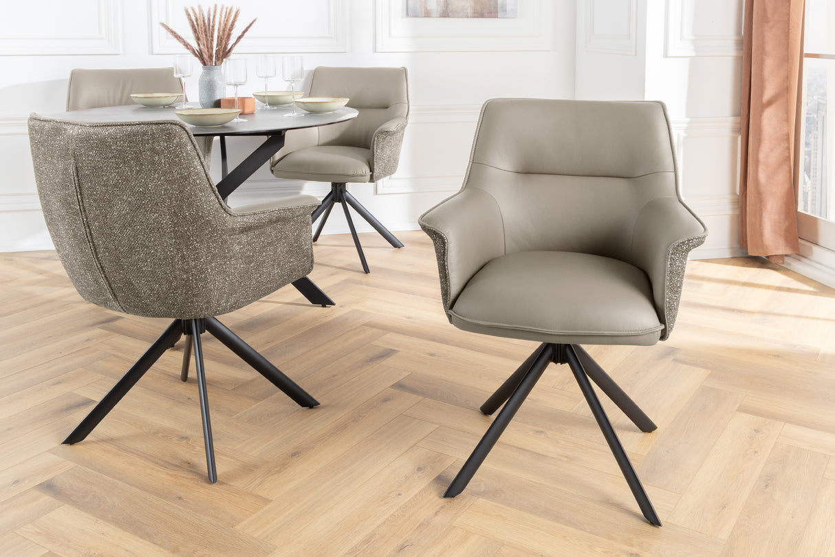Drehstuhl LE GRAND 180° drehbar mit Armlehnen Strukturstoff und Leder taupe