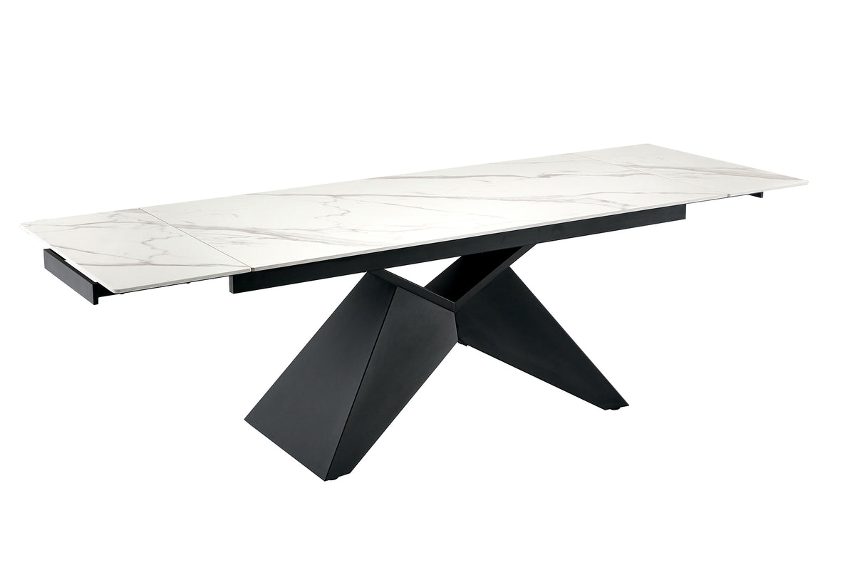 Dining table DIAMOND 180-260cm extendable ceramic matt white marble look w/ geometric black base