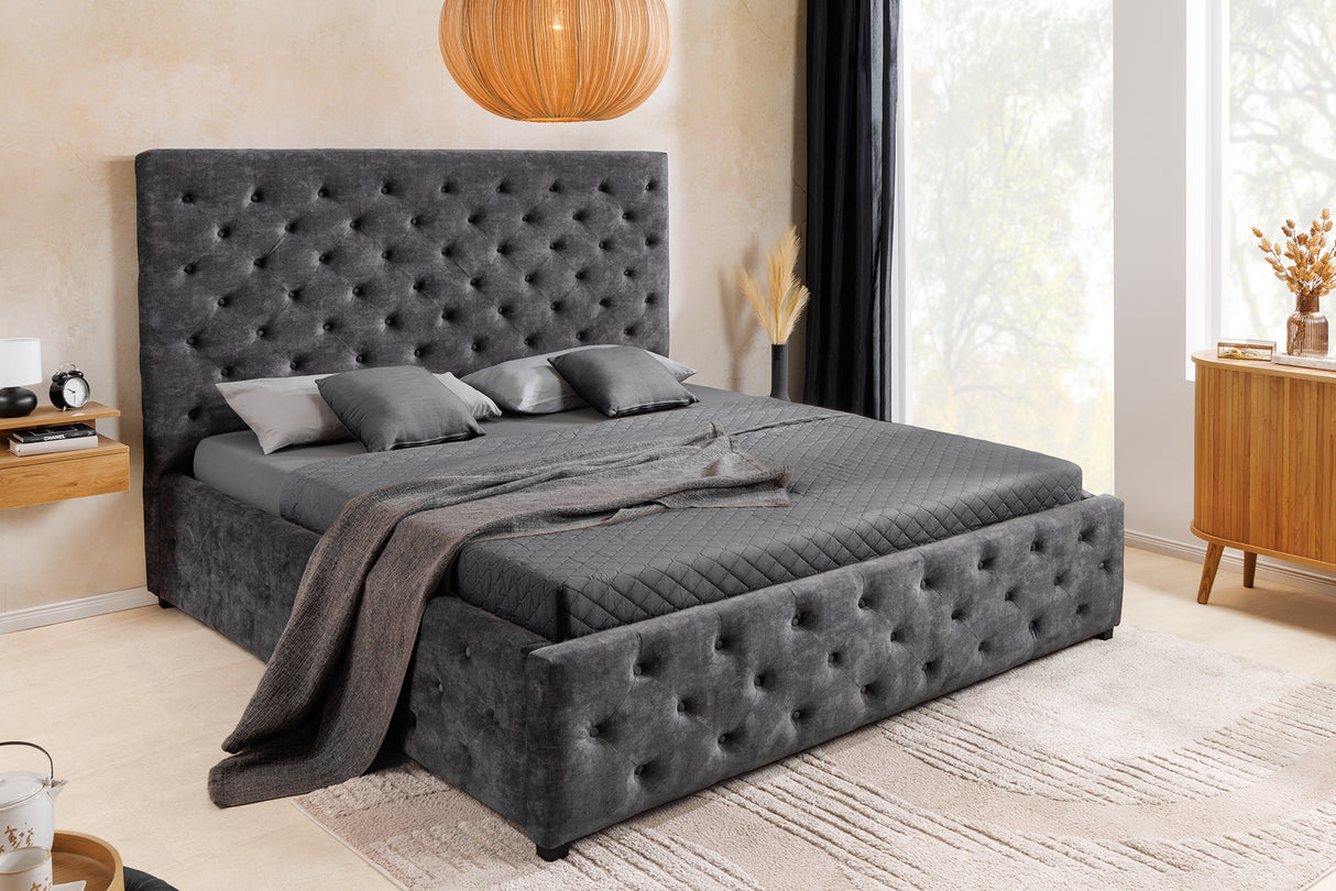 Bed PARIS 160x200cm CHESTERFIELD look velvet grey w/ storage space
