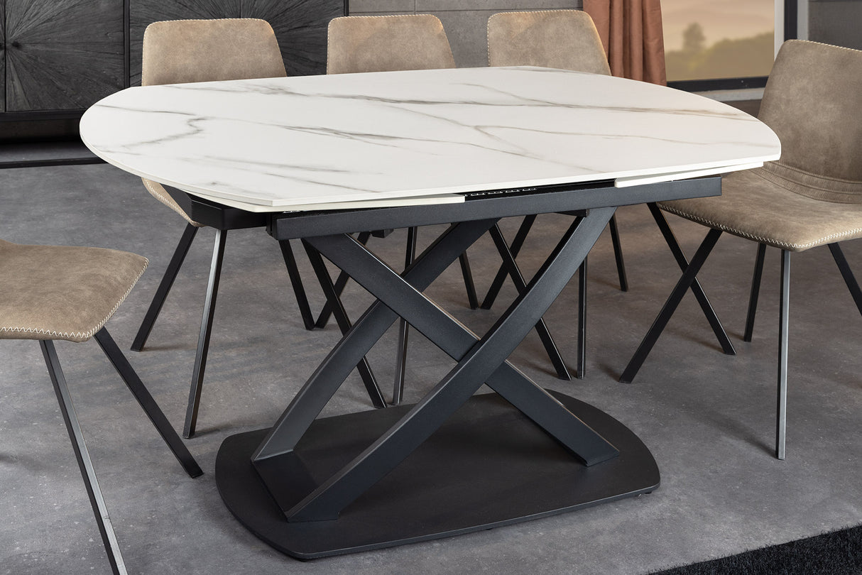 Dining table INCEPTION 130-190cm extendable oval ceramic top white marble look
