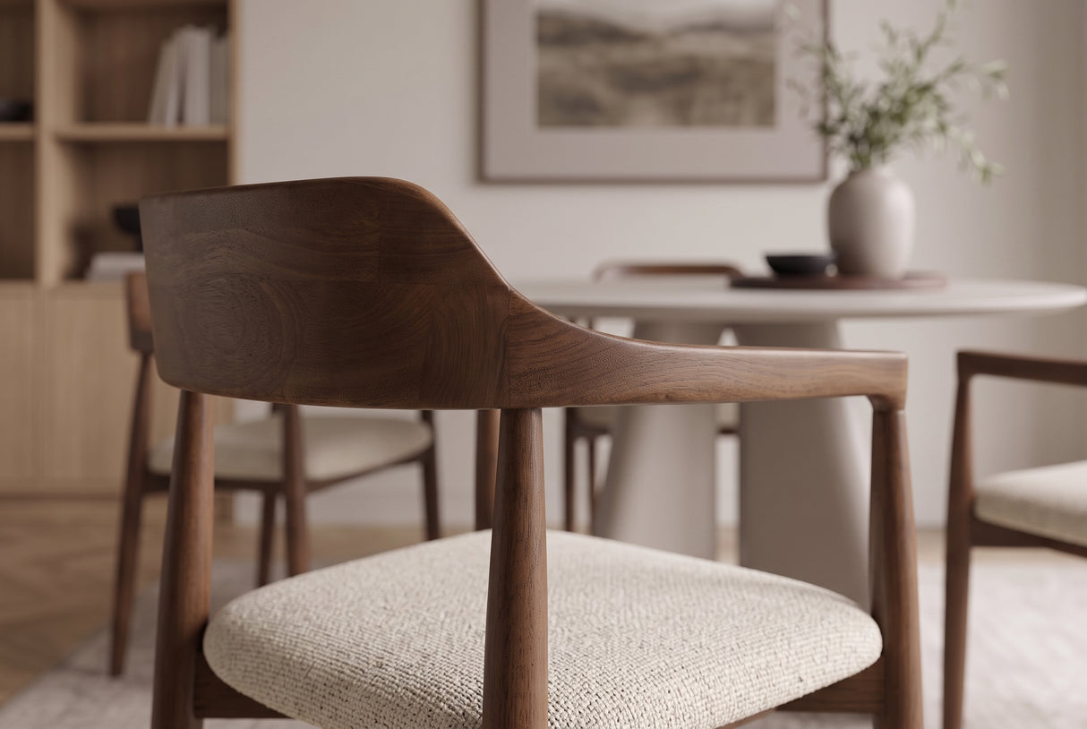 Chair KENNEDY upholstered seat w/ armrests recyled pine wood brown smoke and textured fabric creamy