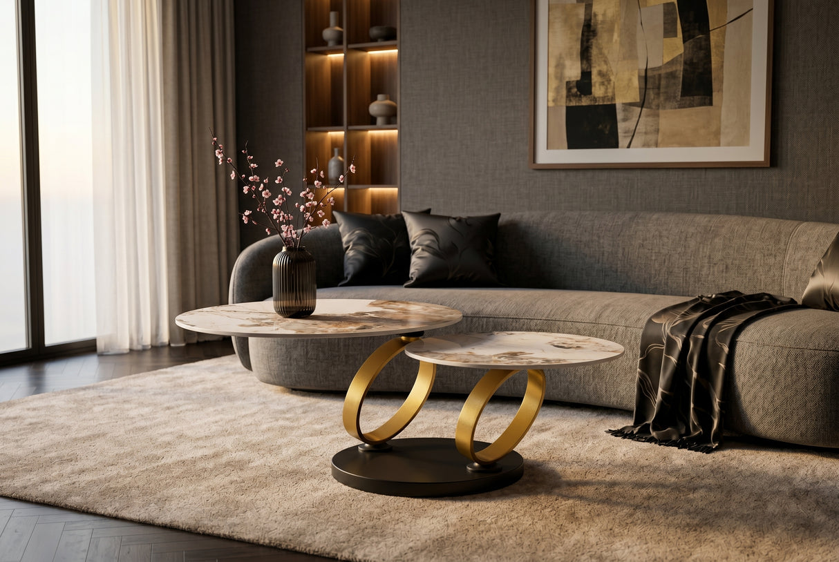 Coffee table DANCING RINGS round rotatable pandora ceramic matte gold rings