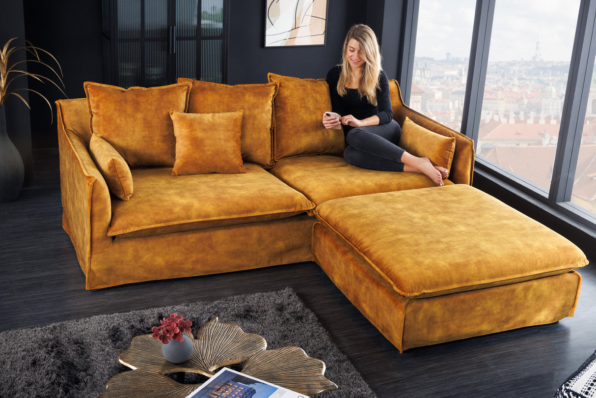Stool HEAVEN 100cm removable cover textured velvet mustard yellow