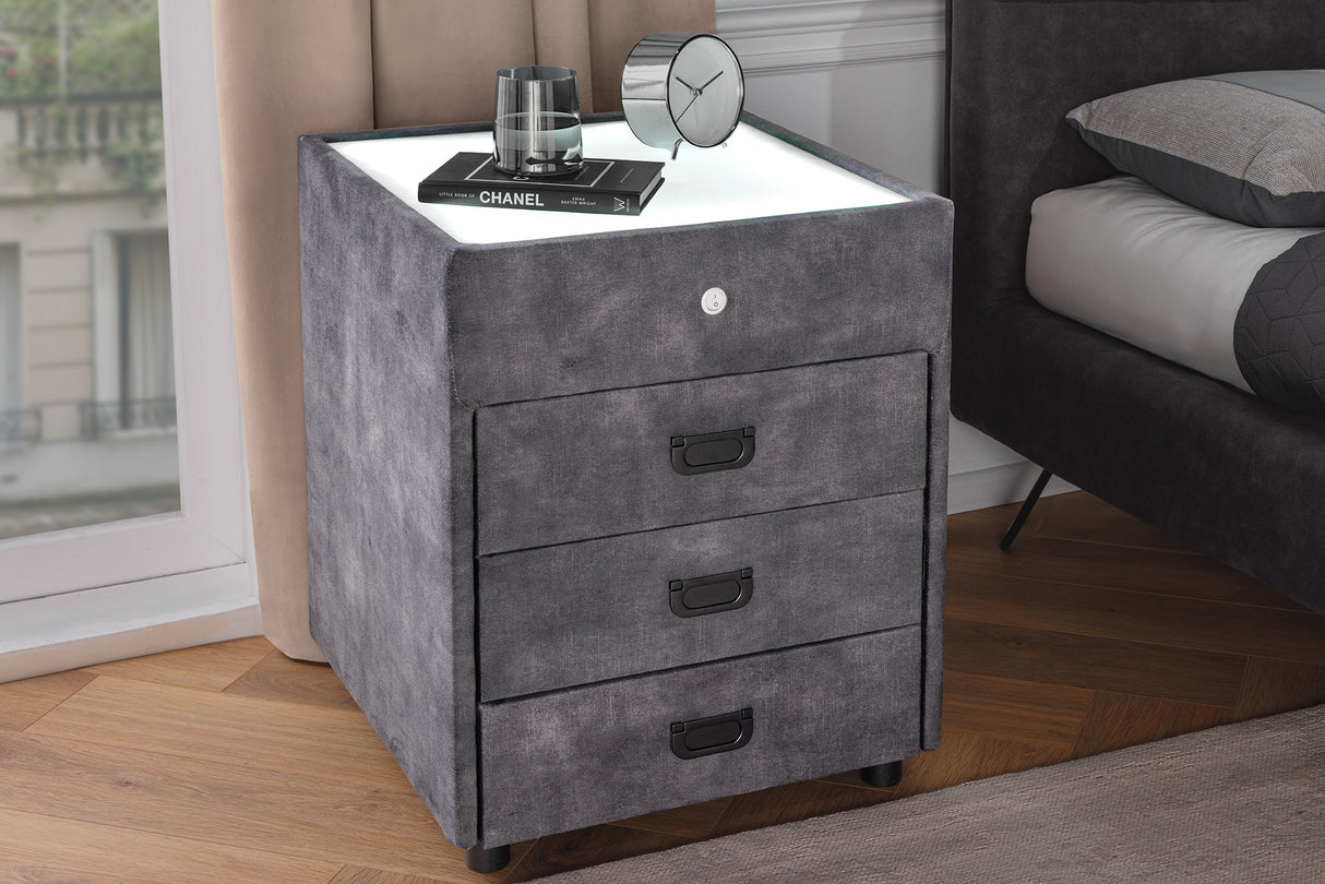 Bedside table PARIS w/ LED light 55cm velvet grey
