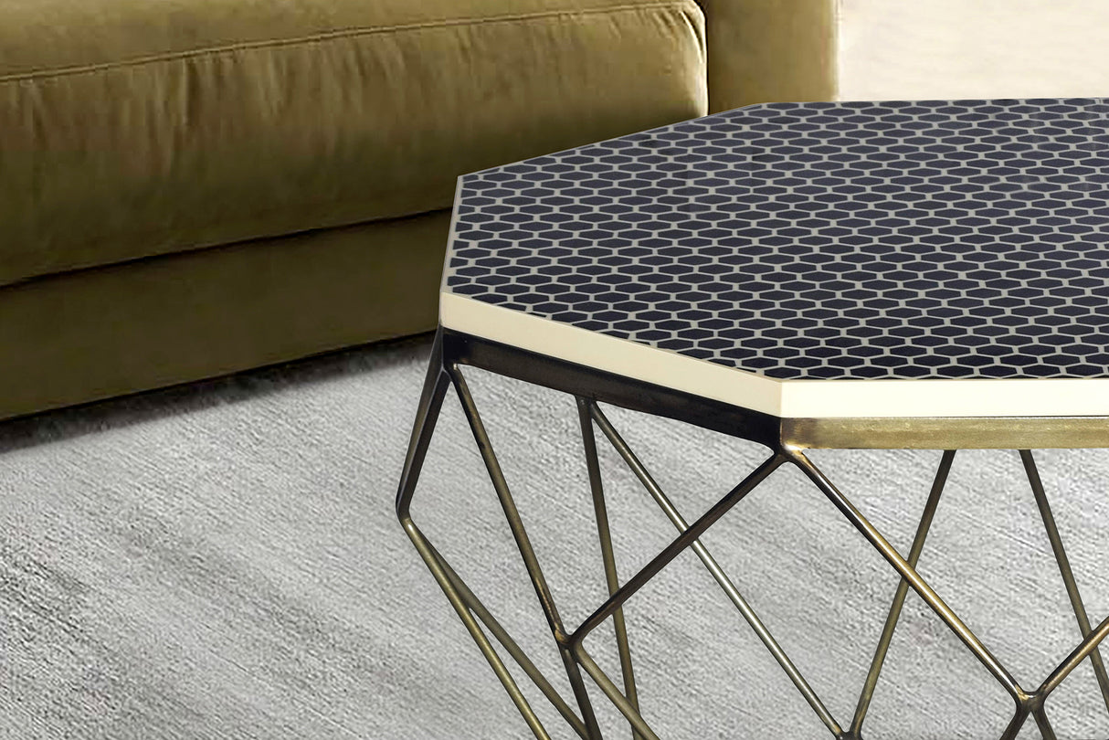 Couchtisch DIAMANT 70cm Gestell Eisen Messing mit Tischplatte schwarz weiß