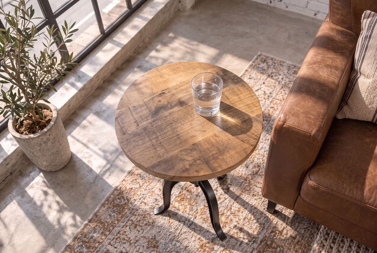 Beistelltisch ENGINEER 50cm höhenverstellbar Mangoholz natur mit schwarzem Gestell - Industrial Design