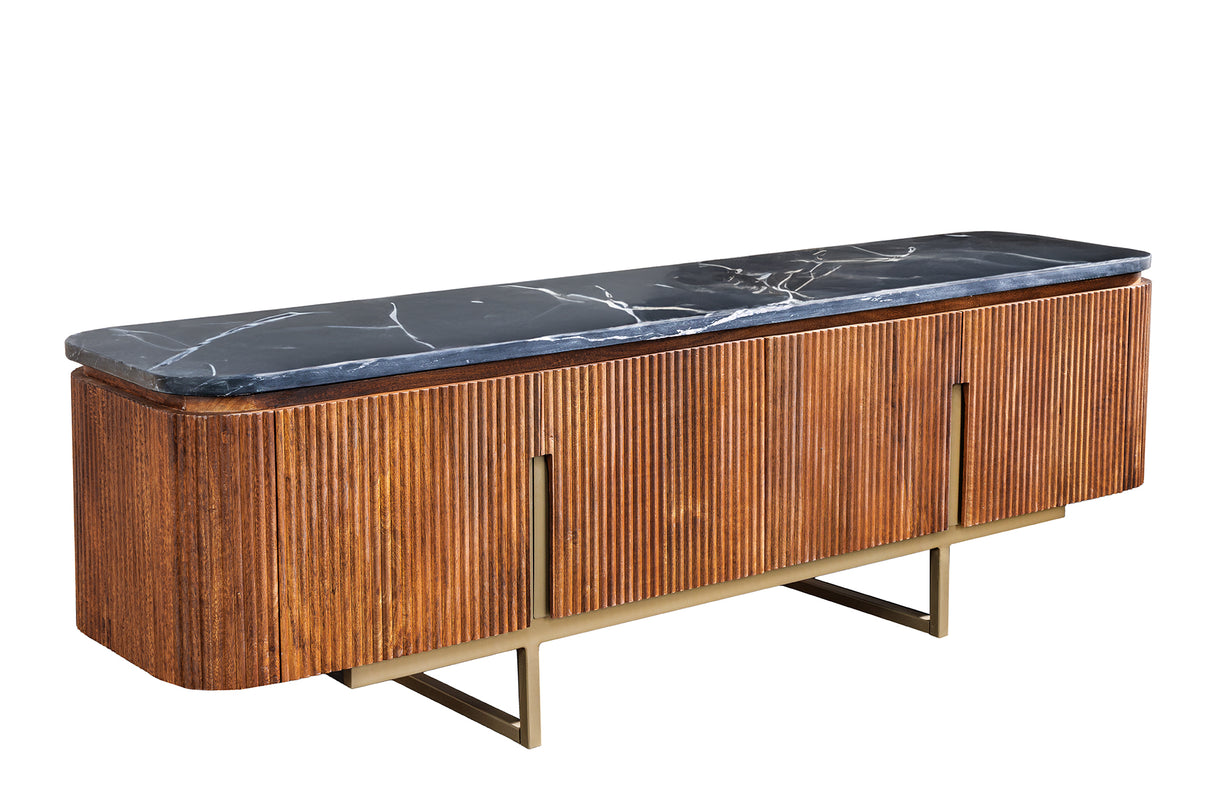 TV-Board GATSBY 160cm Retro-Stil Mangoholz gold Marmorplatte schwarz