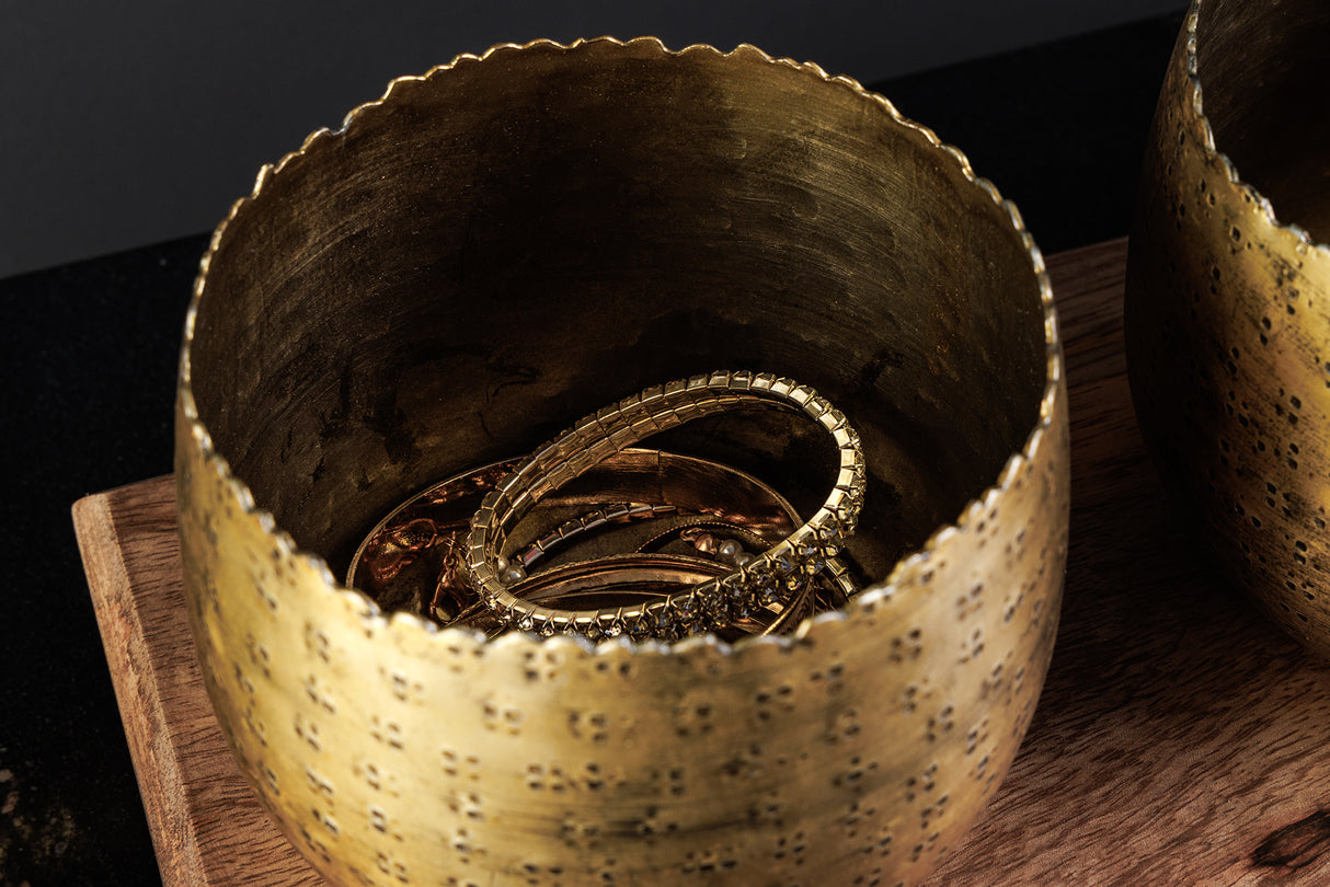 Schale ORIENT 3er Set Hammerschlag-Effekt gold natur Mangoholzsockel