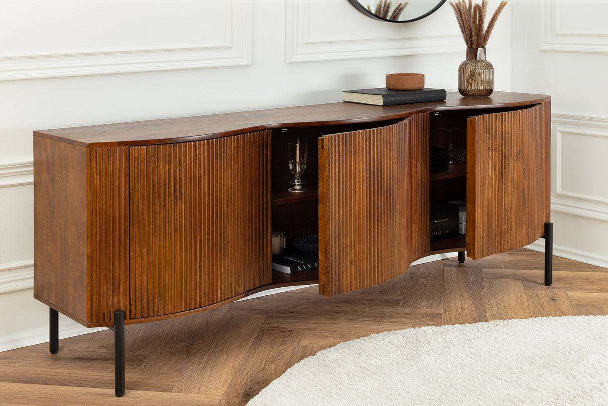 Sideboard GRANDEUR 180cm 3D Retro-Stil Mangoholz braun mit schwarzen Metallbeinen