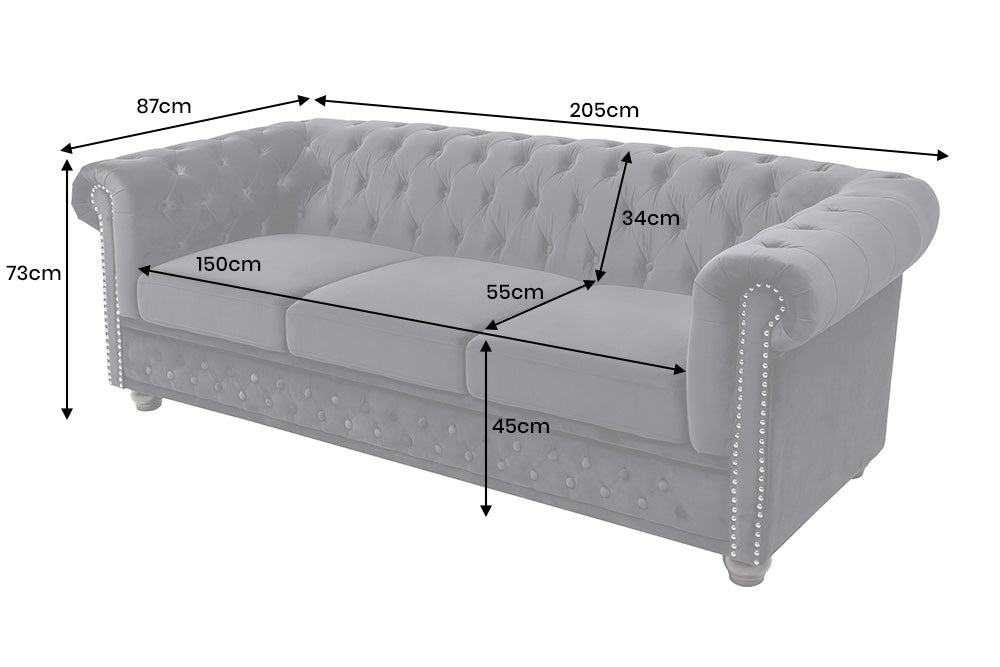 Sofa CHESTERFIELD 205cm spring core 3-seater velvet black