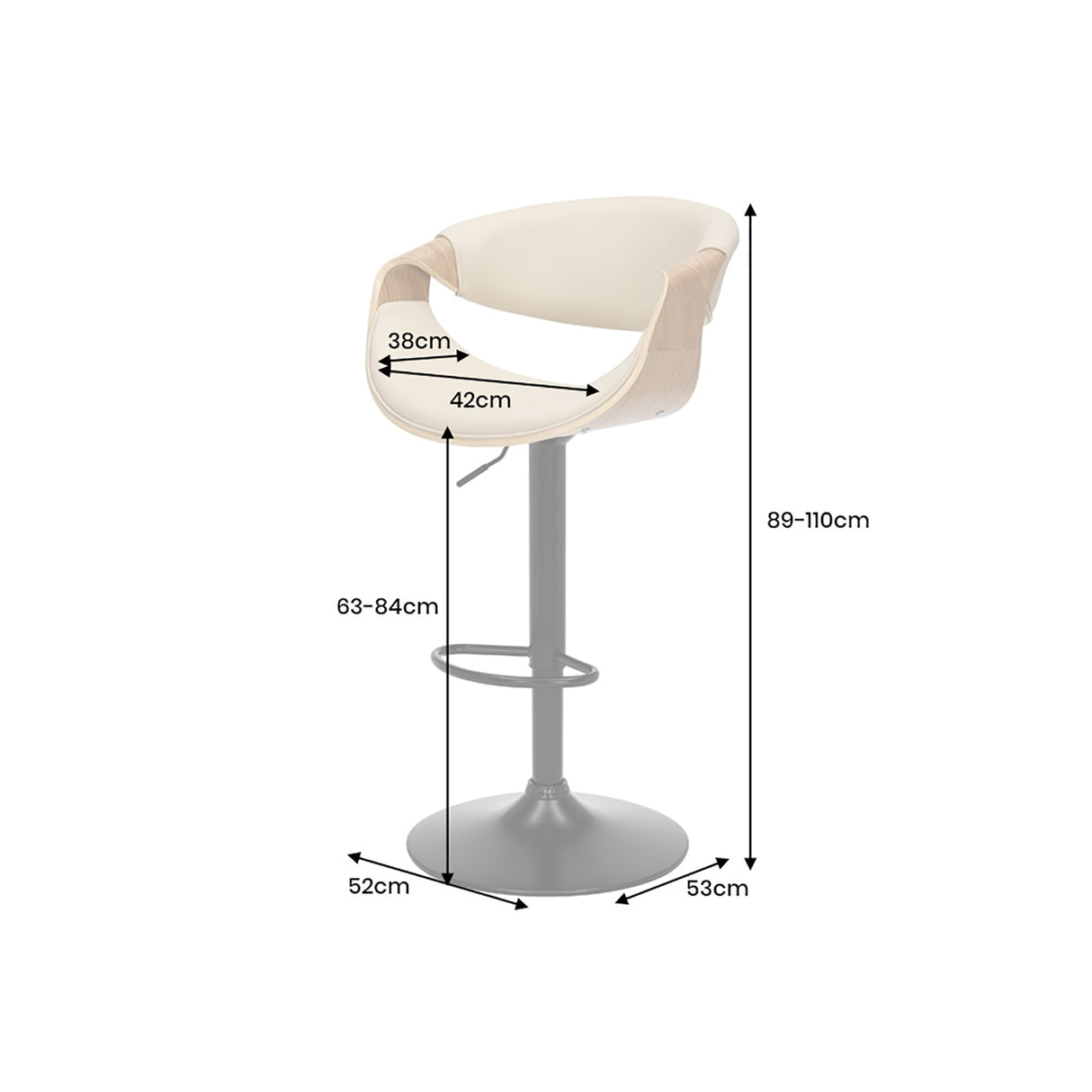 Bar stool ORGANIC 89-100cm rotatable w/ armrests artificial leather creamy beige and oak wood look
