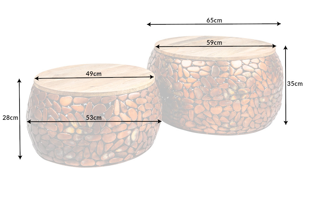 Couchtisch STONE MOSAIC 2er Set 54-66cm Mangoholz Platten kupfer