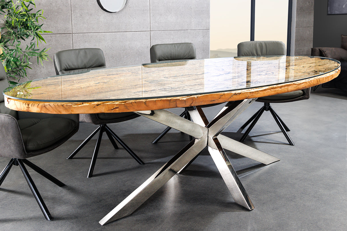 Esstisch BARRACUDA 220cm oval Teakholz Glasplatte oval