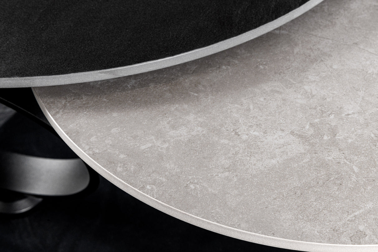 Couchtisch DANCING RINGS 80-135cm drehbar Keramik schwarz und grau