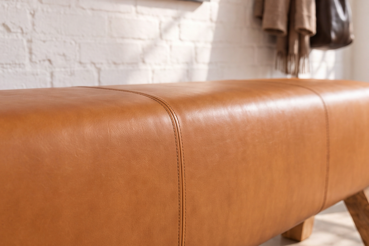 Bench TURNBOCK 120cm mango wood genuine leather cognac brown