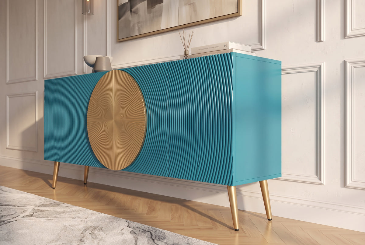 Sideboard AURUM 180cm textured front gold circle accent mango wood turquoise gold metal feet