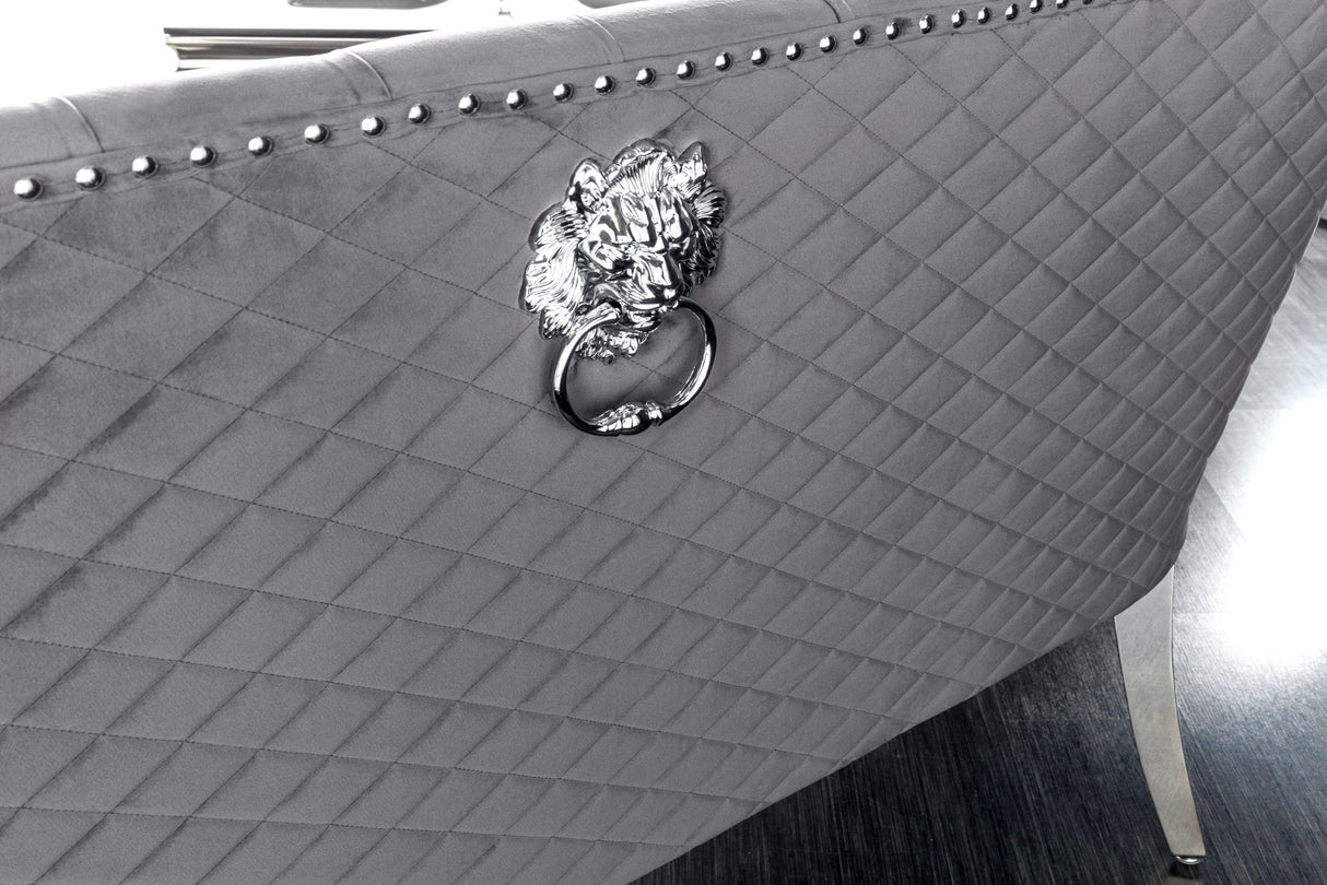 Sofa bench CASTLE DELUXE 165cm w/ lion´s head velvet grey in baroque style