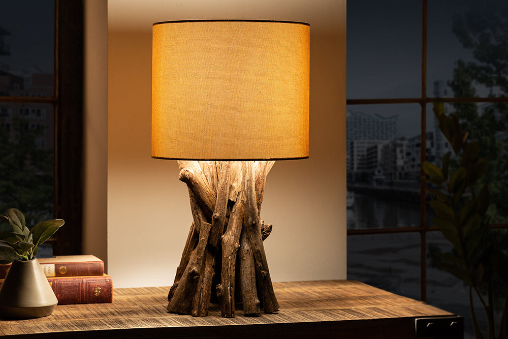 Tischleuchte HARMONY NATURE 50cm Teakholz Leinenschirm beige