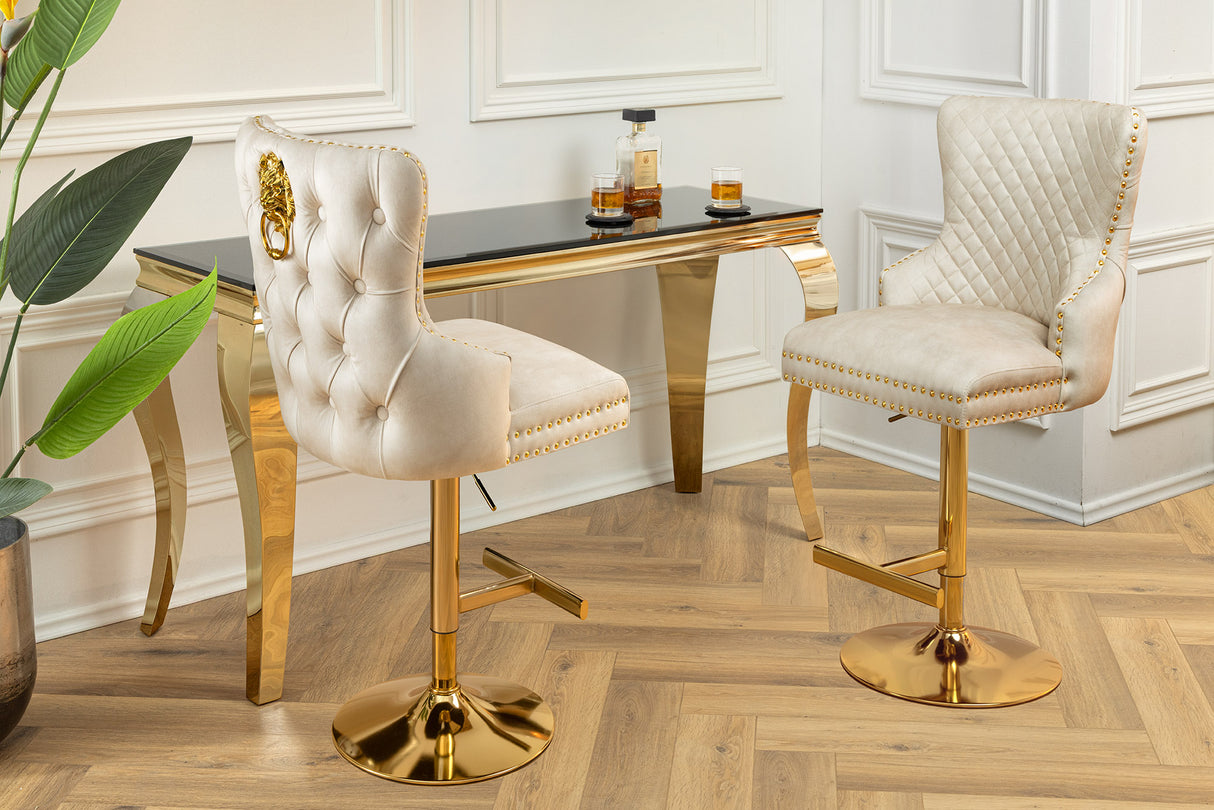 Bar stool CASTLE height adjustable w/ lion´s head handle velvet beige golden legs in baroque style
