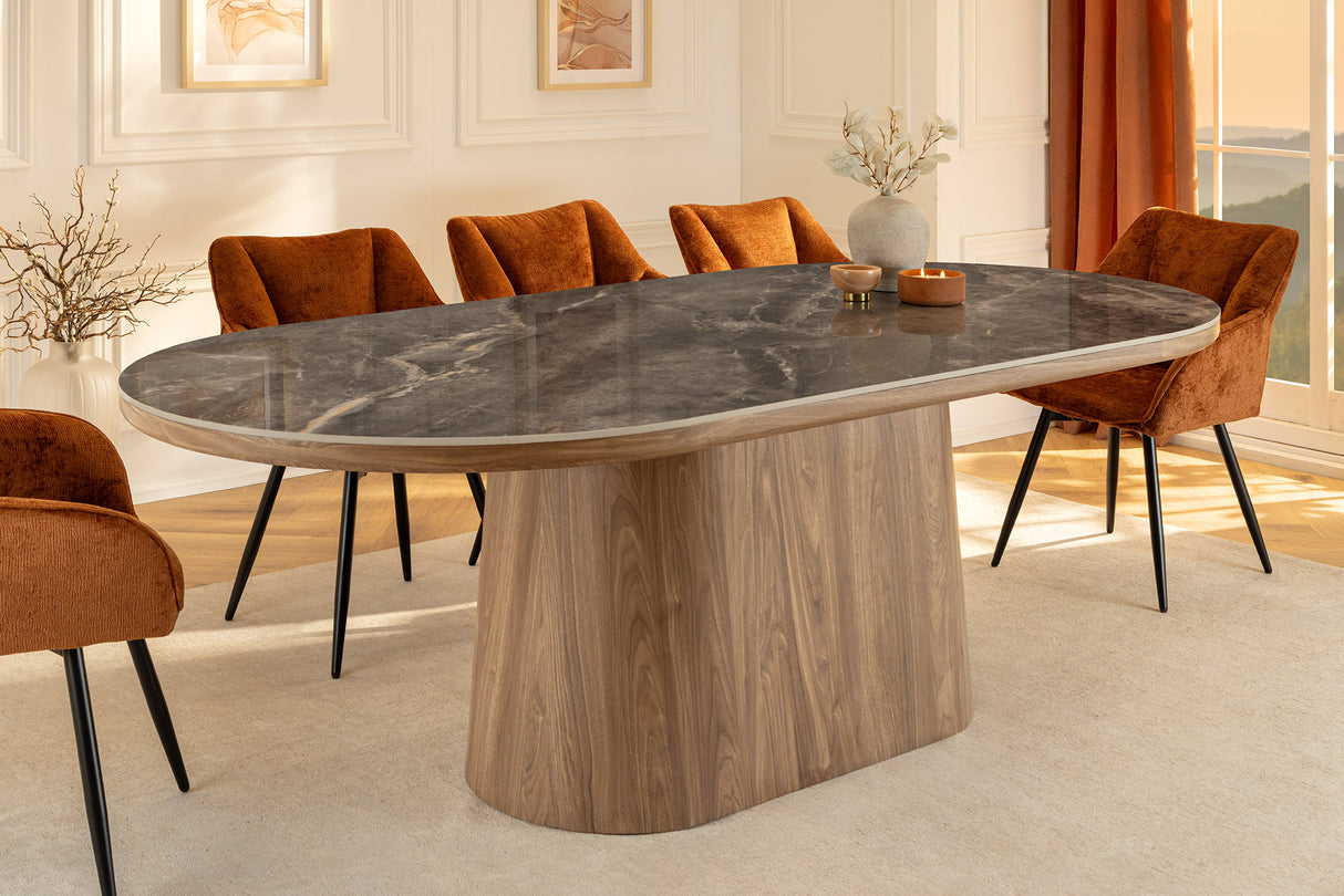 Esstisch UNIQUE 200cm ovales Gestell Walnussholz furniert Keramik graue Marmorplatte