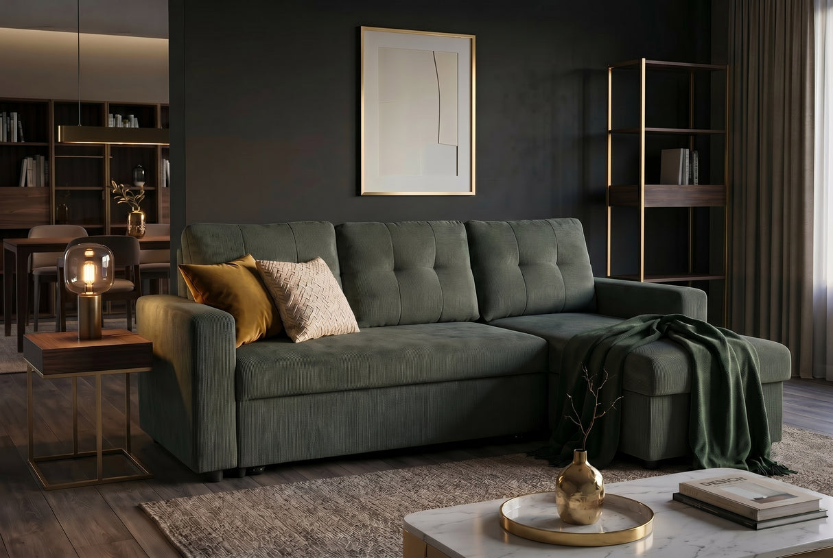Ecksofa APARTMENT 205cm 3-Sitzer mit Ottomane und Stauraum Samt grün