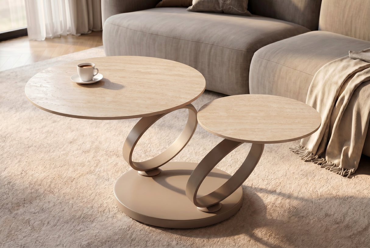Coffee table DANCING RINGS round rotatable travertine ceramic champagne greige