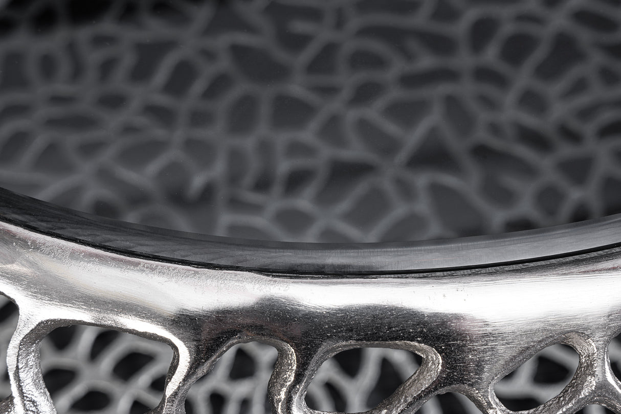 Couchtisch SPIN 40cm gehärtetes schwarzes Glas silberne Basis