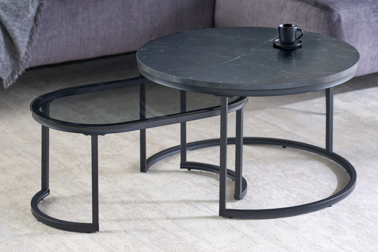 Coffee table ELEGANCE 70cm set of 2 marble look and smoke glass black