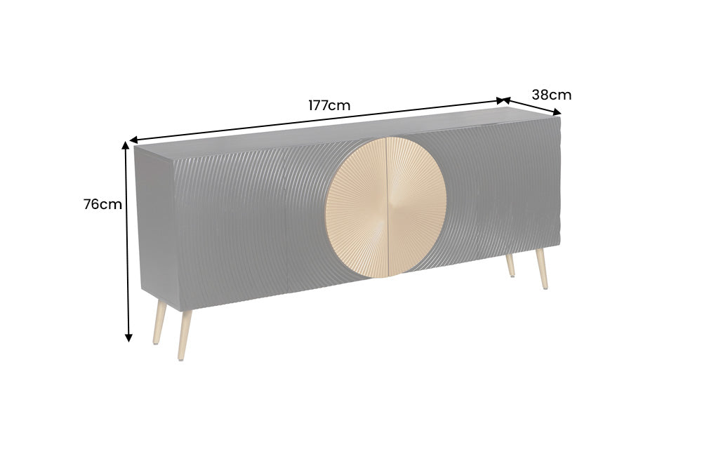 Sideboard AURUM 180cm textured front gold circle accent mango wood black gold metal feet