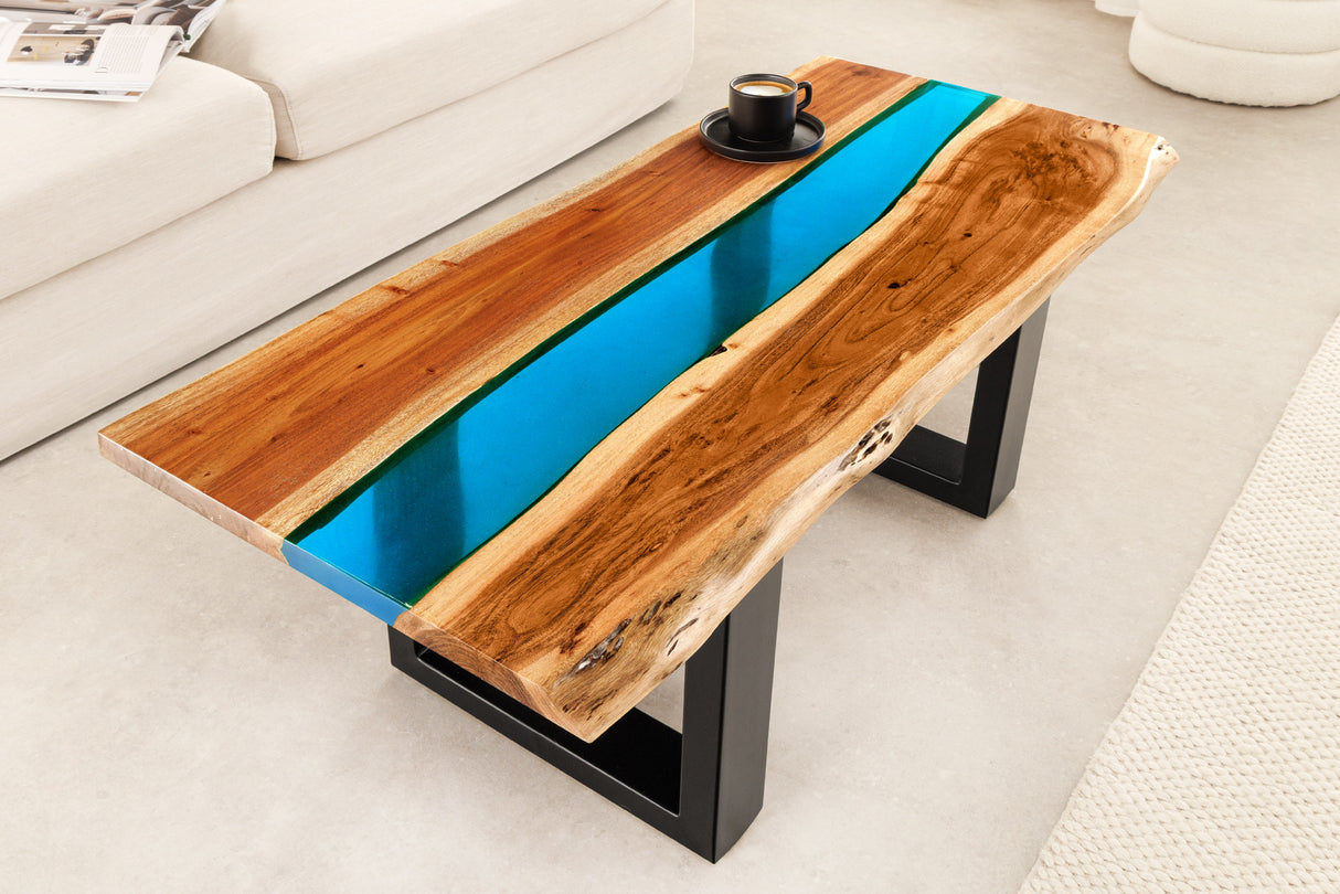 Coffee table LIQUID 110cm acacia wood blue epoxy strip