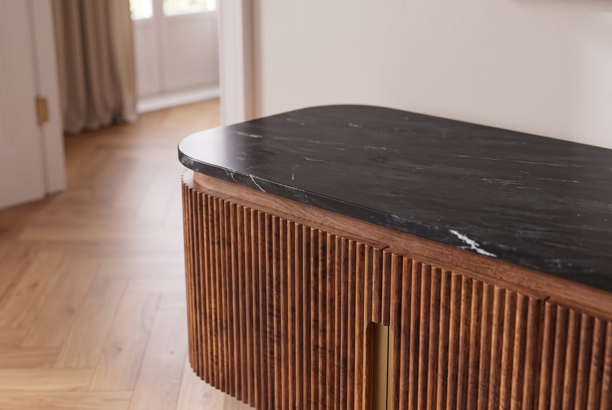 TV-Board GATSBY 160cm Retro-Stil Mangoholz Marmorplatte Schwarzbraun Gold