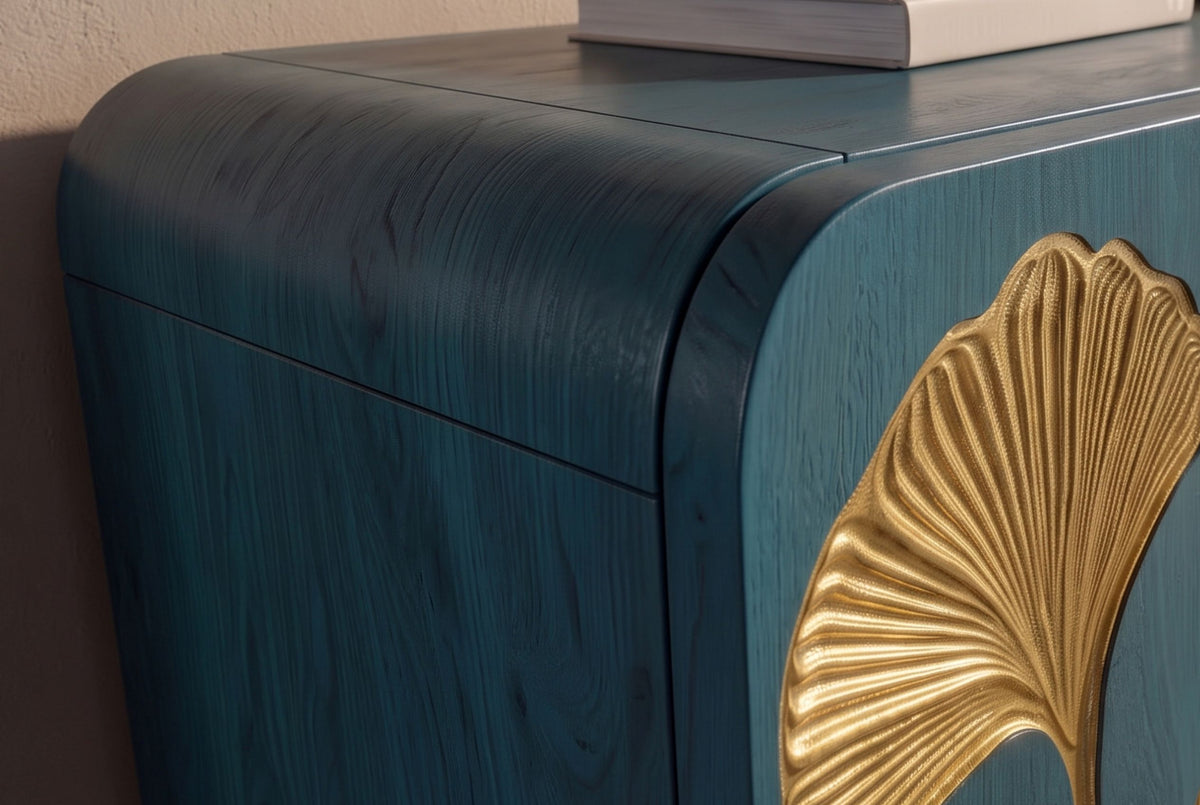 Sideboard GINKGO 160cm ginkgo leaf front mango wood turquoise w/ gold metal frame