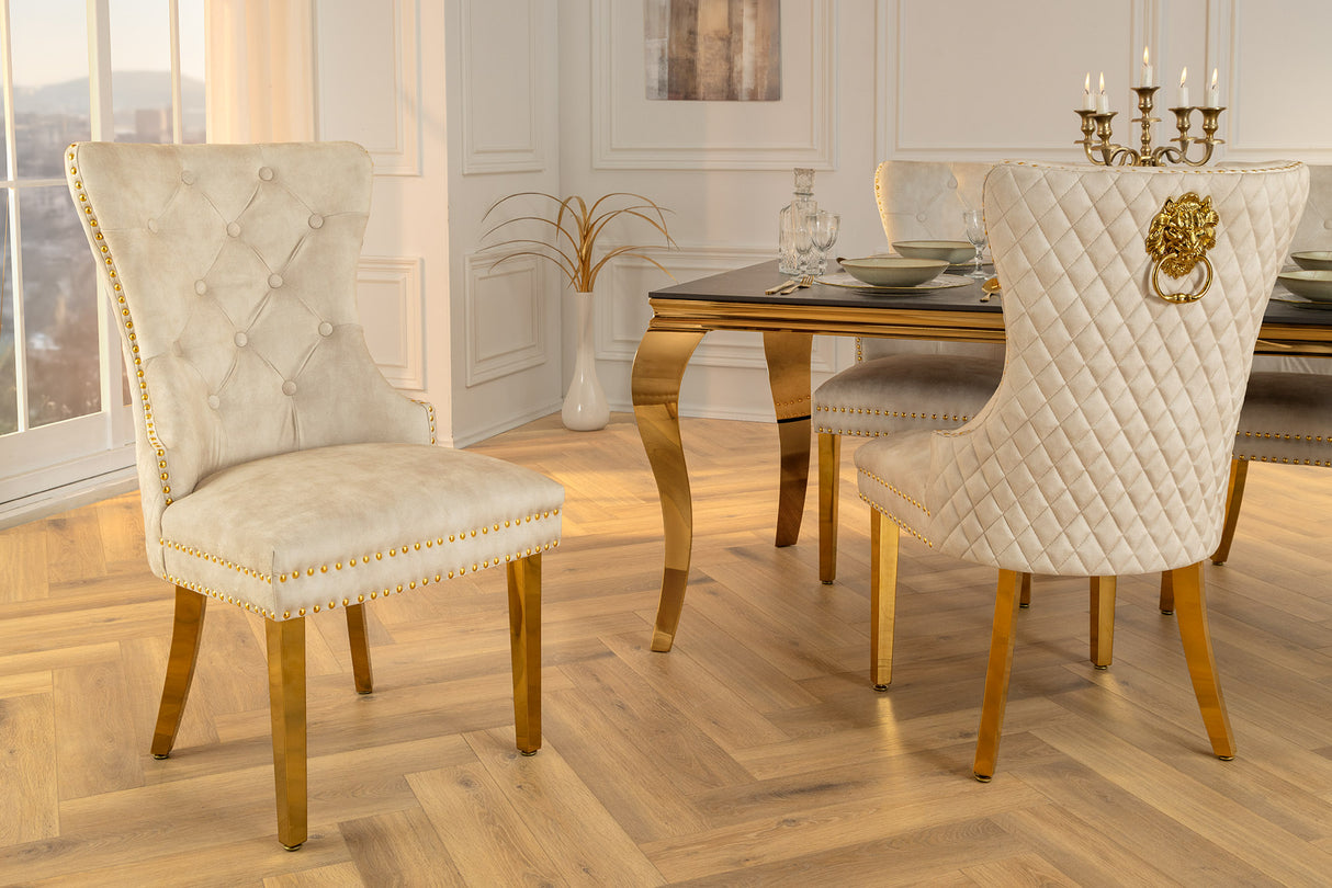 Stuhl CASTLE mit Löwenkopfgriff Samt beige goldene Beine im Barockstil