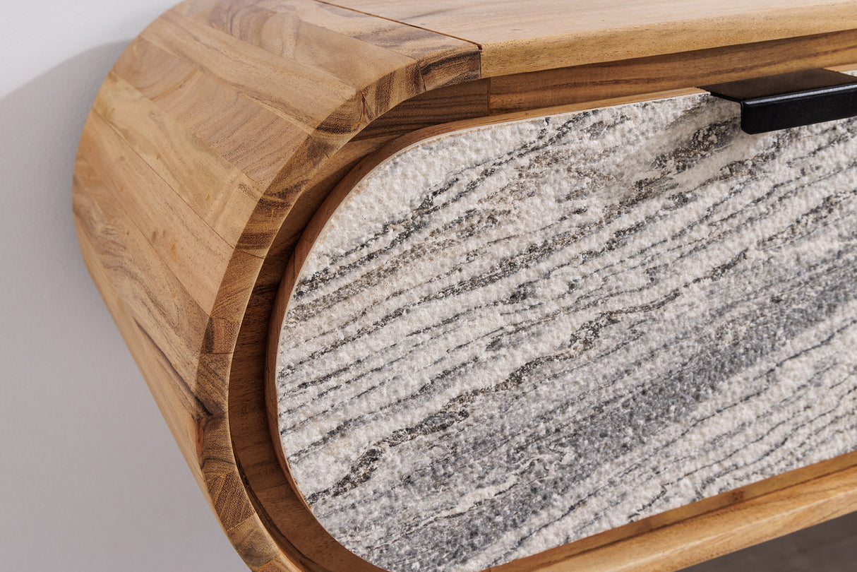 TV-Board ORGANIC 160cm hanging acacia wood natural w/ stone look front