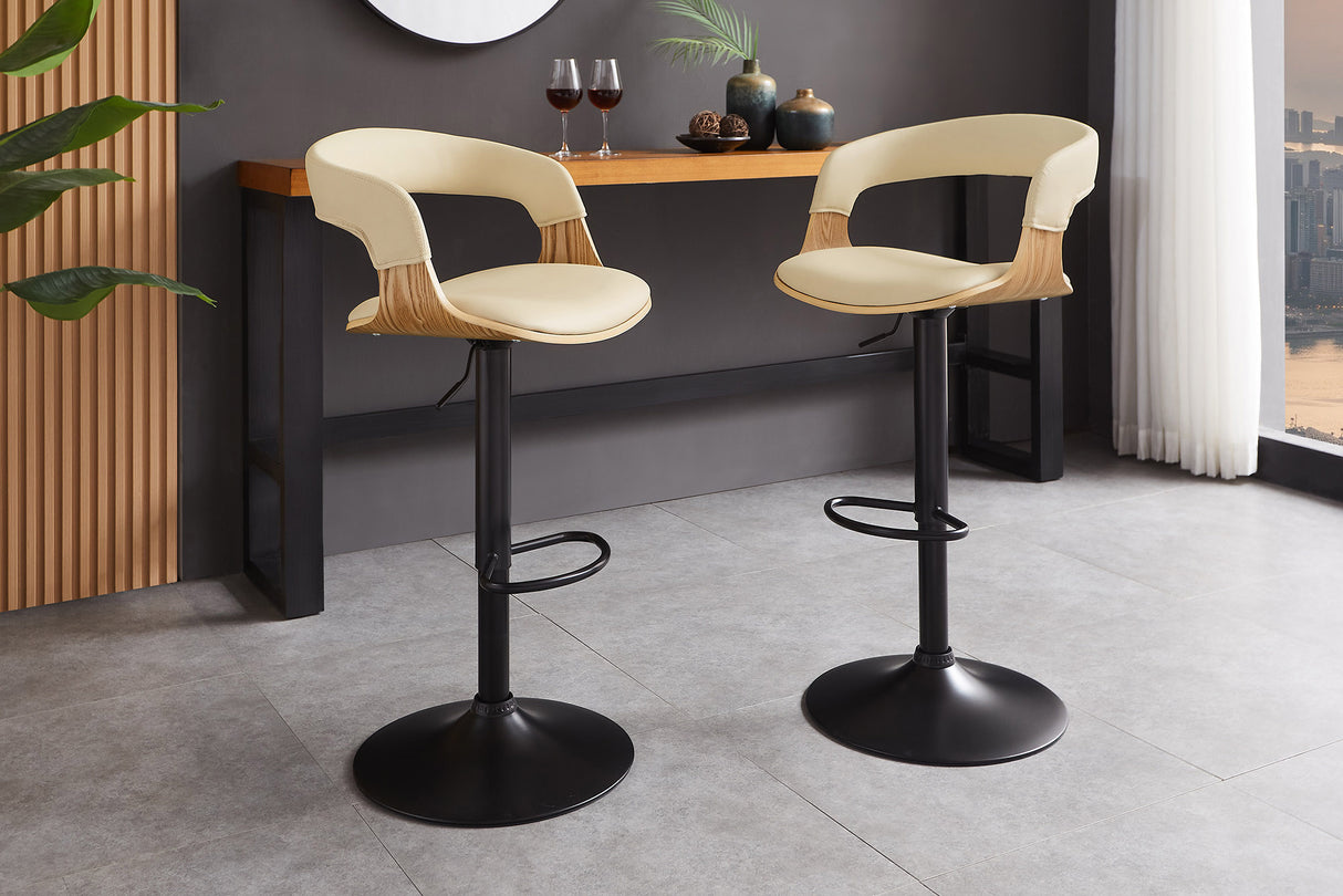 Bar stool MANHATTAN 81-110cm rotatable artificial leather creamy beige and oak wood look