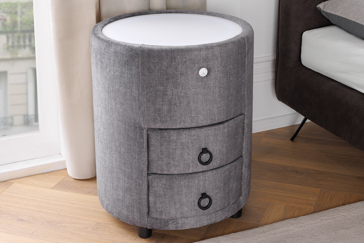 Bedside table SIGNUM round w/ LED light 55cm velvet grey