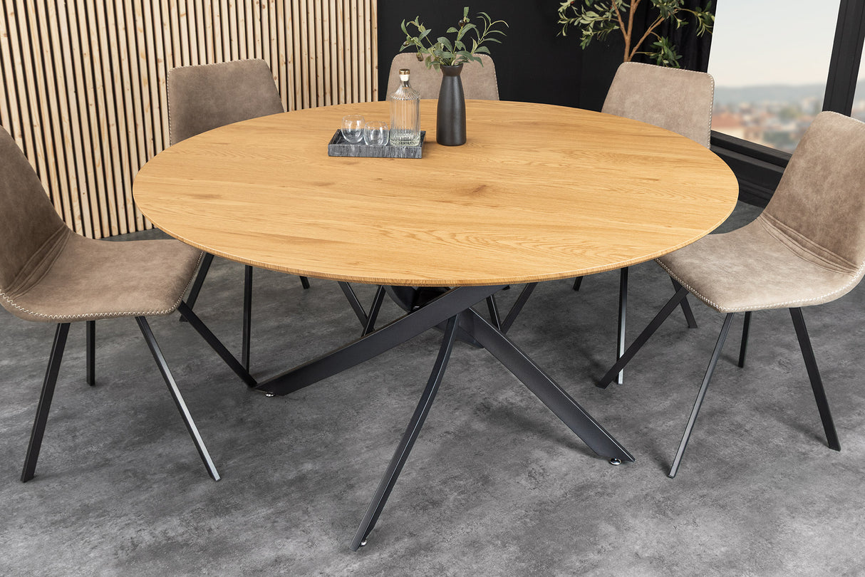 Dining table HELIX 120cm round natural wild oak wood look w/ black metal frame
