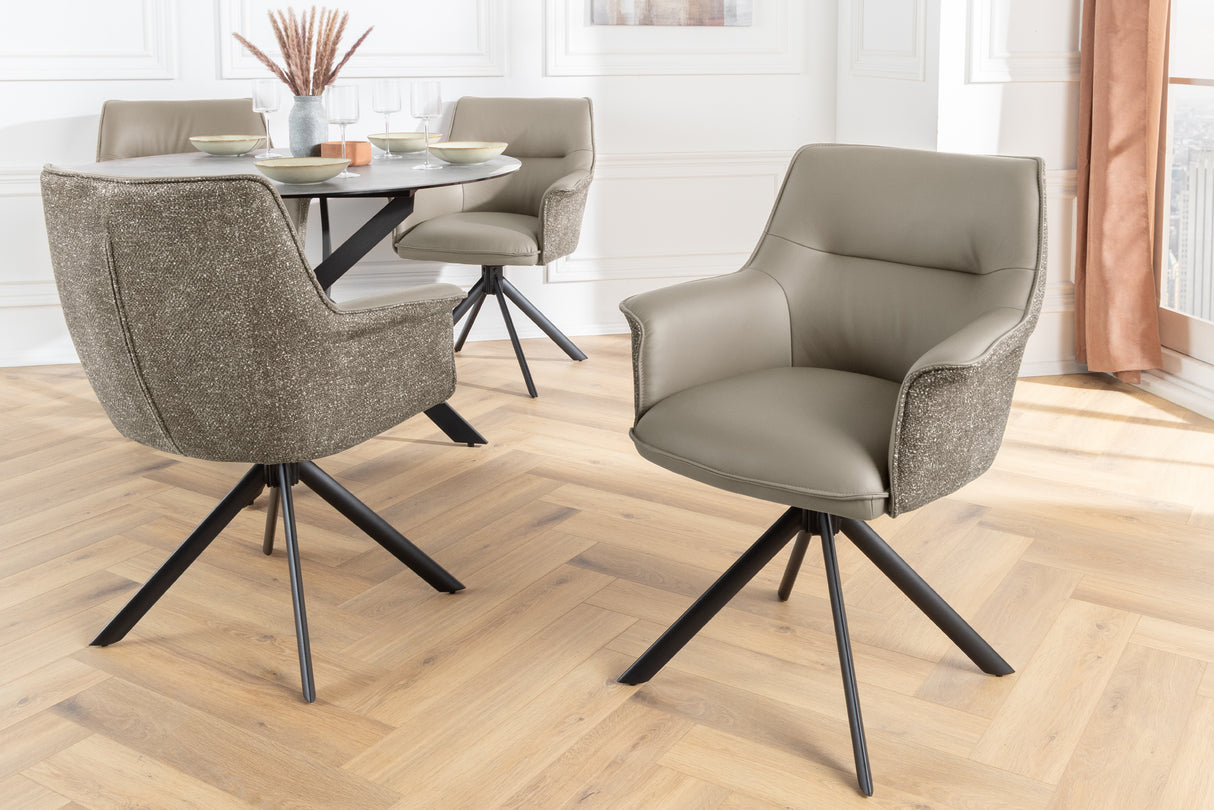 Drehstuhl LE GRAND 180° drehbar mit Armlehnen Strukturstoff und Leder taupe