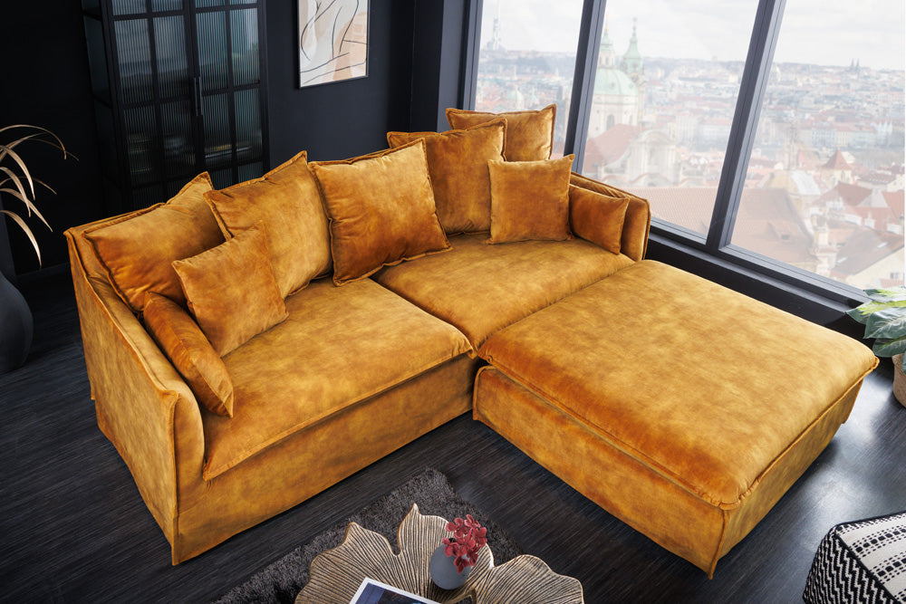 Sofa HEAVEN 200 cm 3-Sitzer Federkern, abnehmbarer Bezug aus strukturiertem Samt, senfgelb