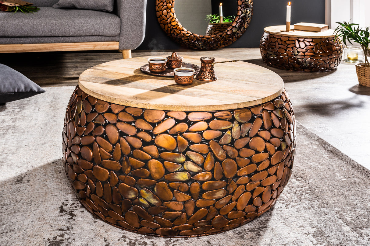 Couchtisch STONE MOSAIC 2er Set 54-66cm Mangoholz Platten kupfer