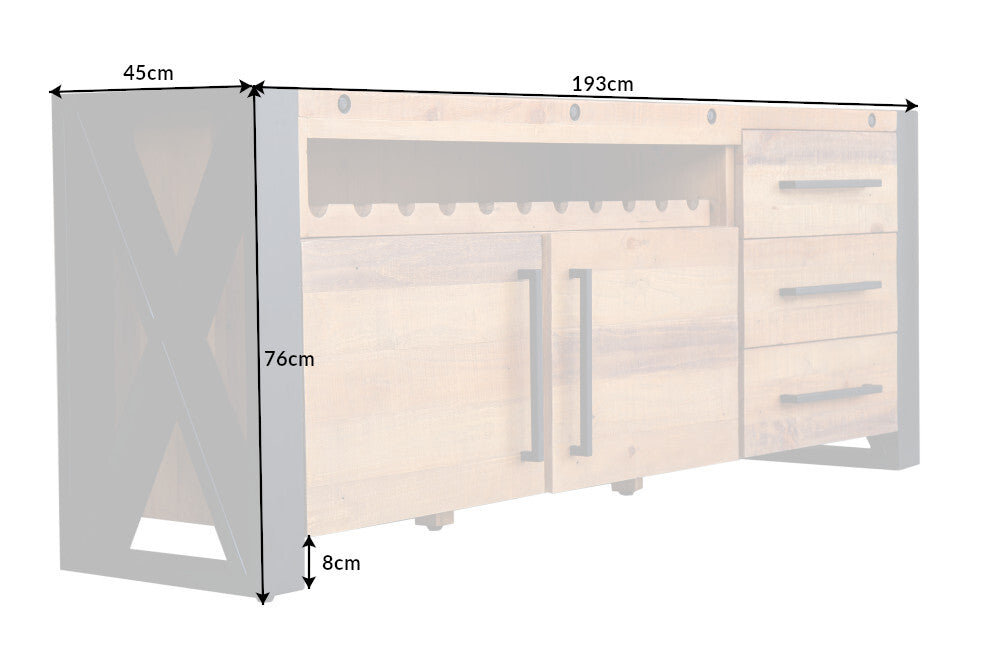 Sideboard THOR 195cm pine wood vintage brown