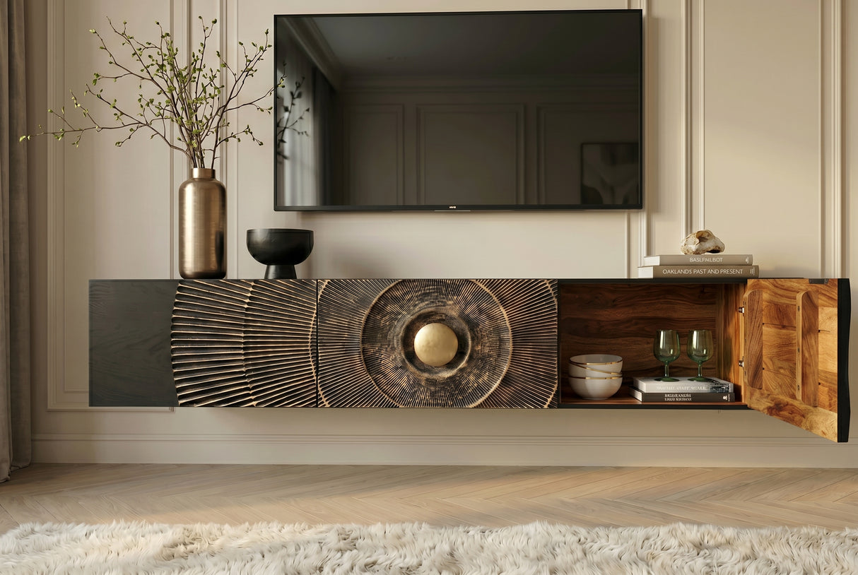 TV-Board GOLDEN SUNSET 160cm 3D hanging mango wood black
