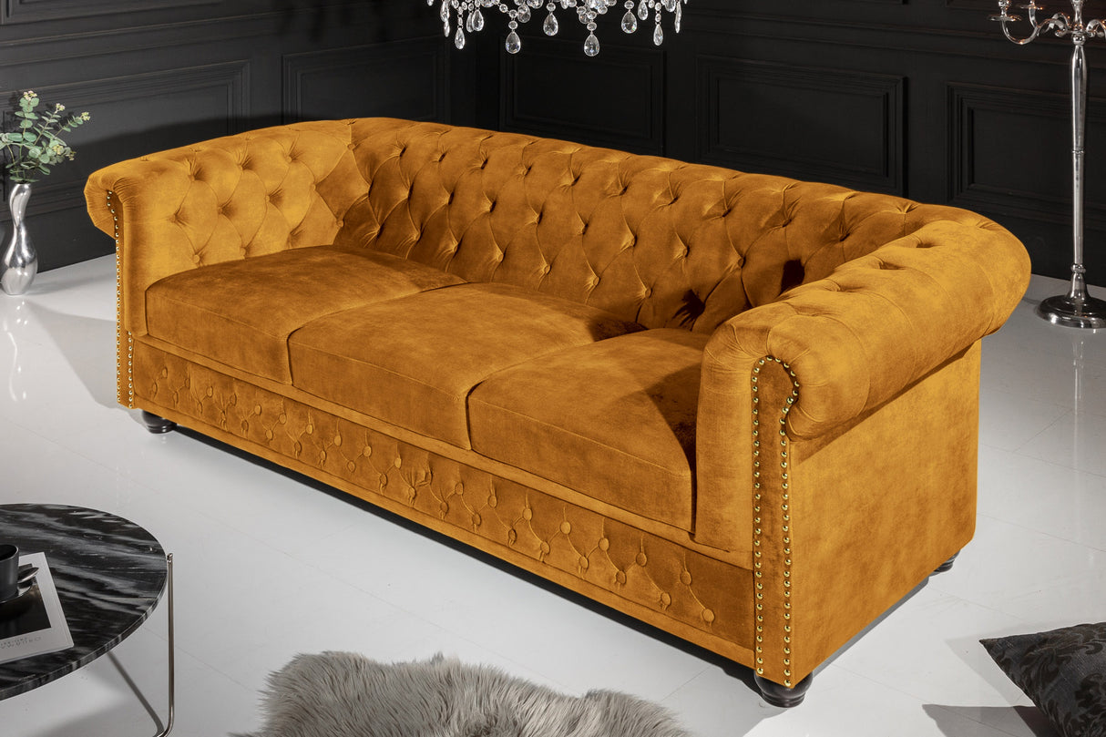 Sofa CHESTERFIELD 205cm spring core 3-seater velvet mustard yellow