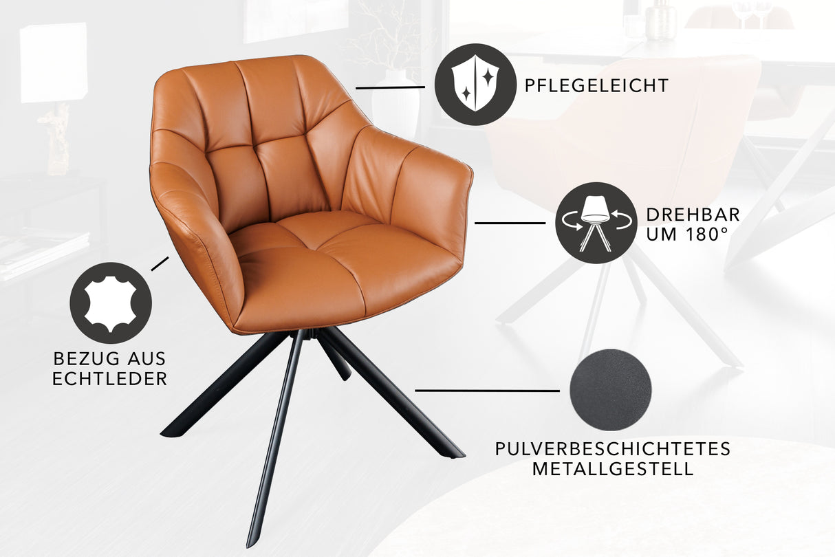 Swivel chair PAPILLON rotatable 180° w/ armrests leather cognac black