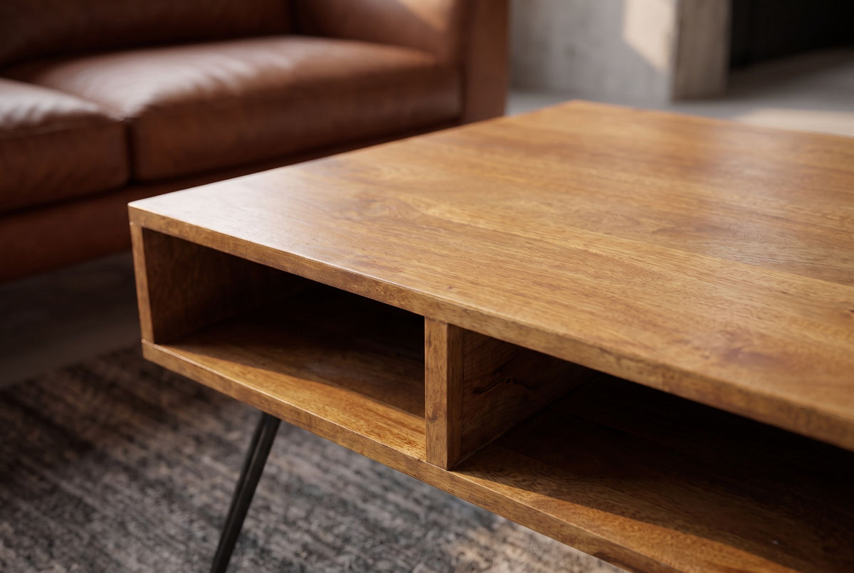 Couchtisch SCORPION 60 cm mit Stauraum und Hairpin-Beinen Mangoholz honigfarbenes Finish