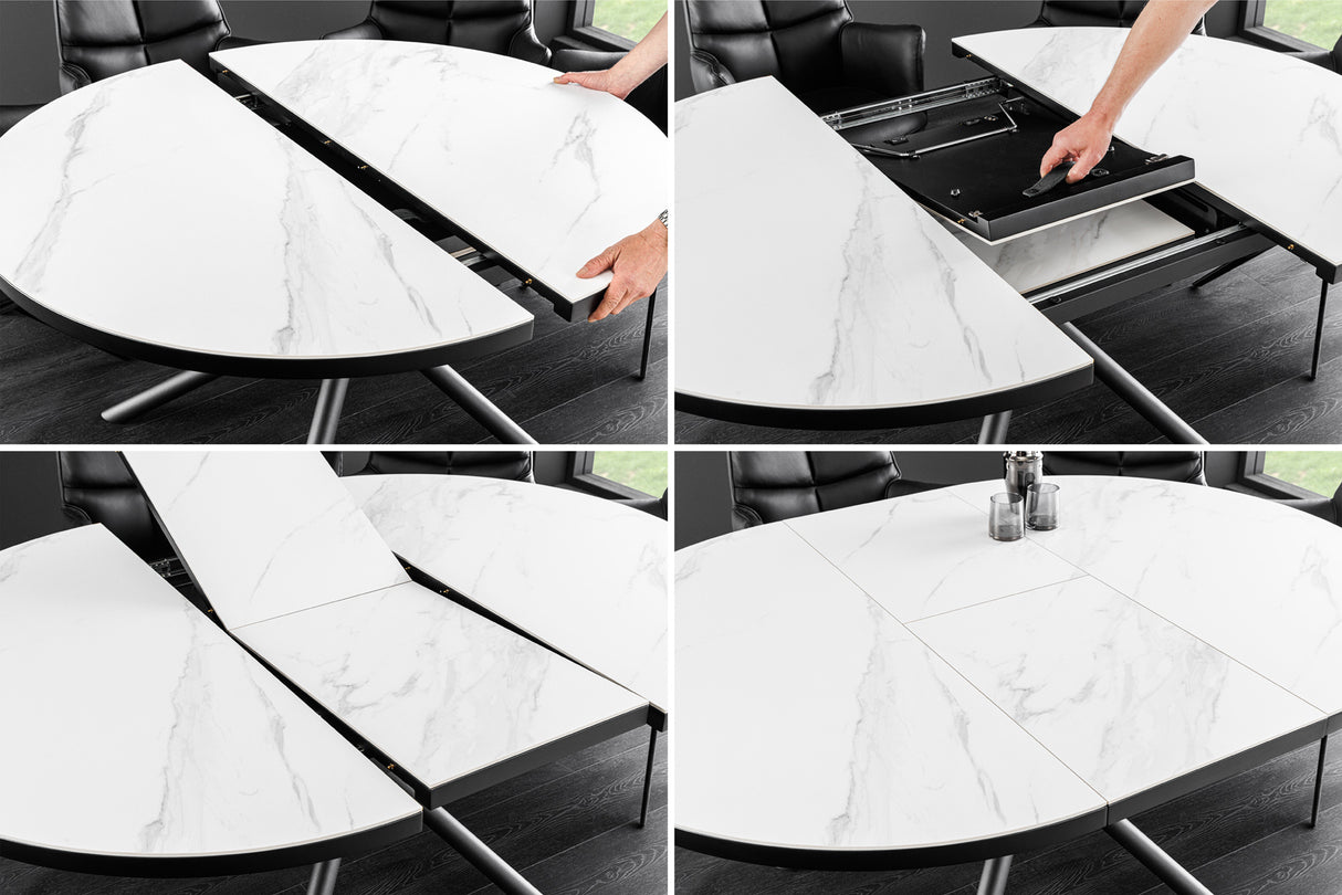Dining table MIKADO 120-160cm round extendable marble look white ceramic tempered glass
