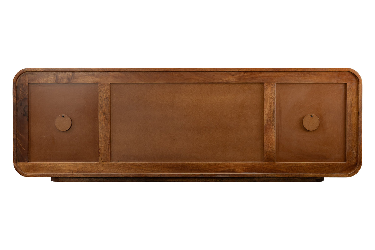 TV-Board MONZA 160cm w/ cable management fluted front rounded edges brown mango wood gold details