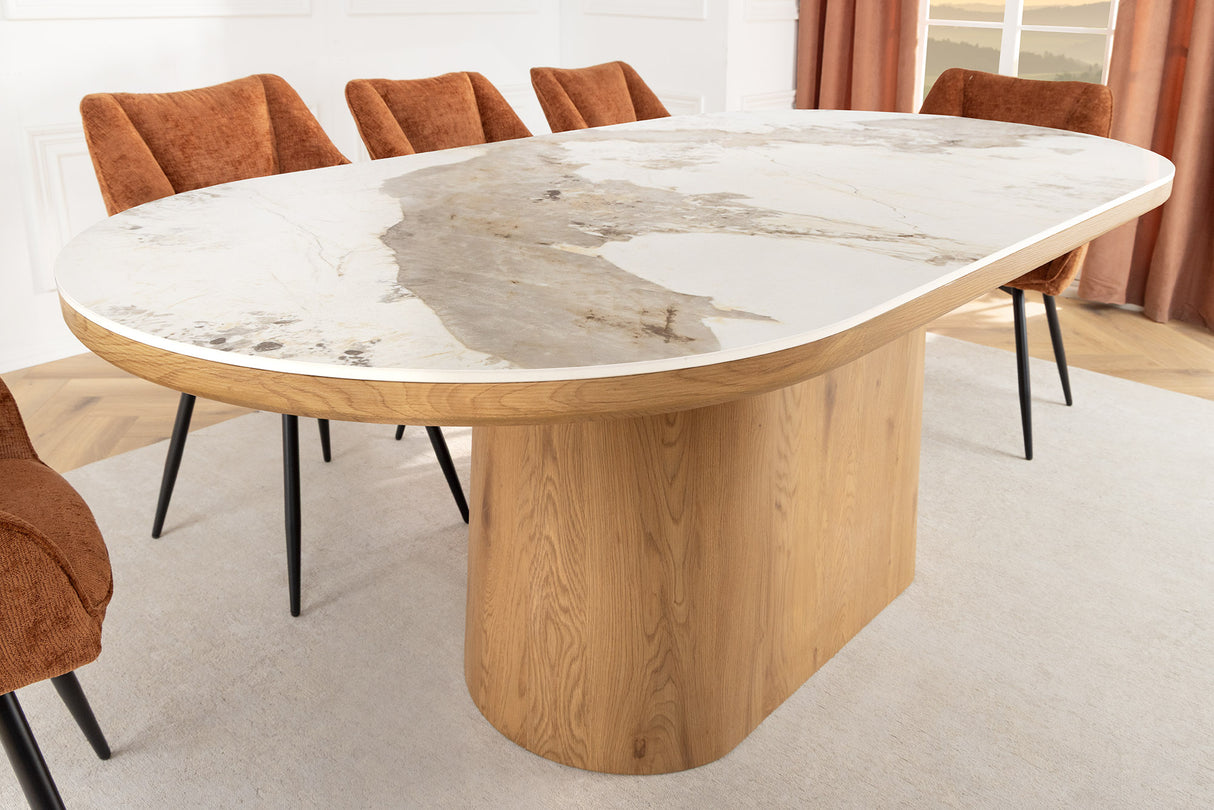 Esstisch UNIQUE 200cm ovales Gestell Eichenholz furniert Keramik weiße Marmorplatte